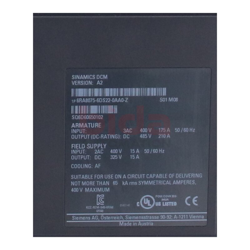 Siemens 6RA8075-6DS22-0AA0-Z SINAMICS DCM DC Konverter f&uuml;r Zweiquadrantenantriebe Schaltung B6C Converter for two-quadrant drives Circuit B6C