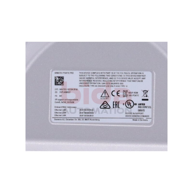 Siemens 6AV7251-5GG34-0FA0 SIMATIC IPC477E PRO