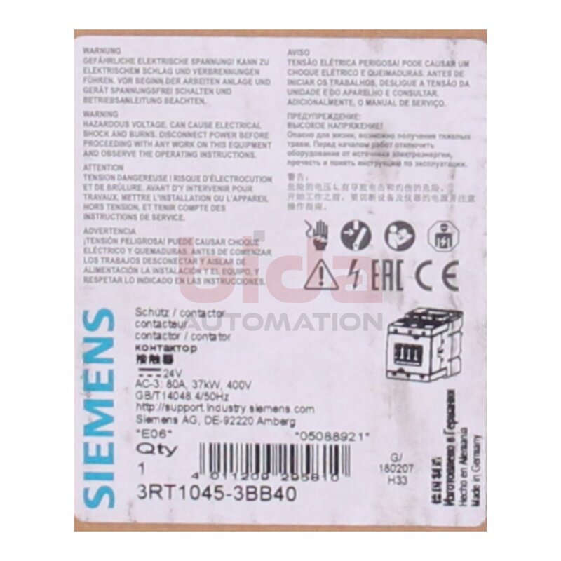 Siemens 3RT1045-3BB40 / 3RT1045-3BB40 Leistungssch&uuml;tz Power contactor