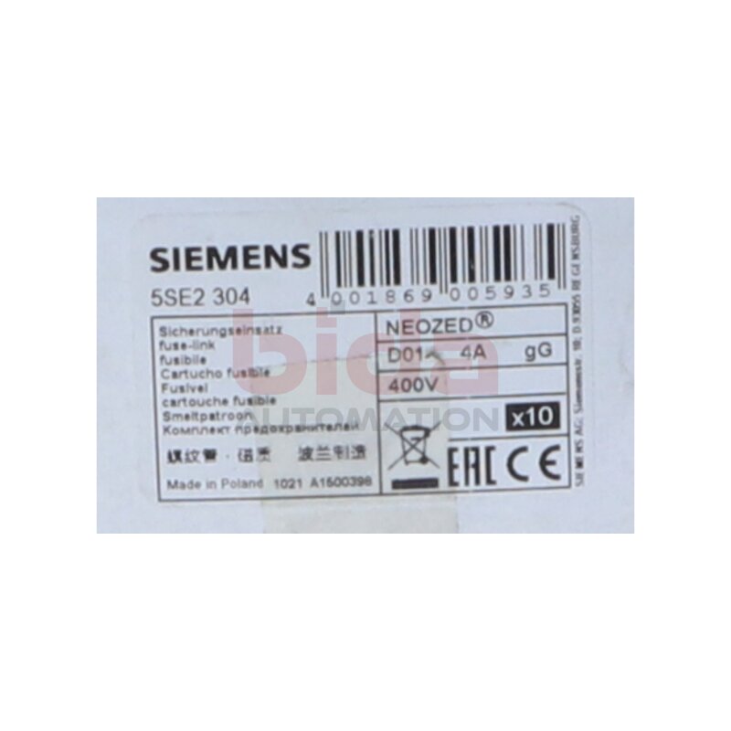 Siemens 5SE2 304 / 5SE2304  NEOZED-Sicherungseinsatz / fuse-link  400V AC , 250V DC