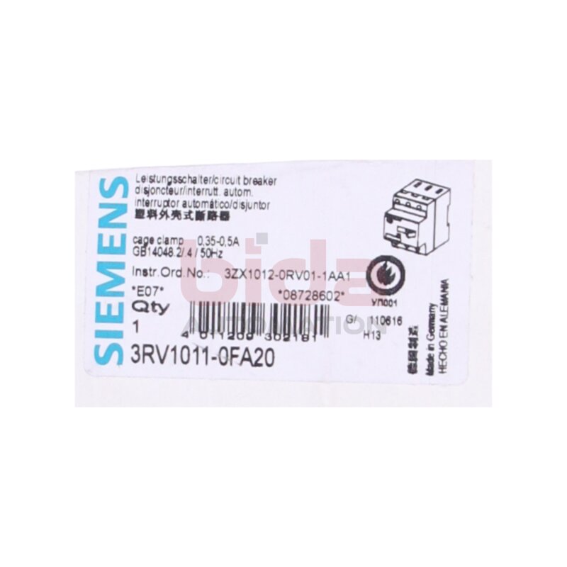 Siemens 3RV1011-0FA20 / 3RV1 011-0FA20  / Leistungschalter / circuit breaker