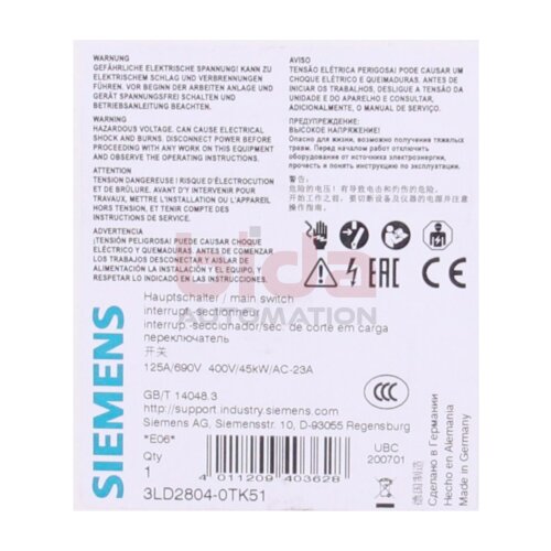 Siemens 3LD2804-0TK51 / 3LD2 804-0TK51 Lasttrennschalter / load break switch