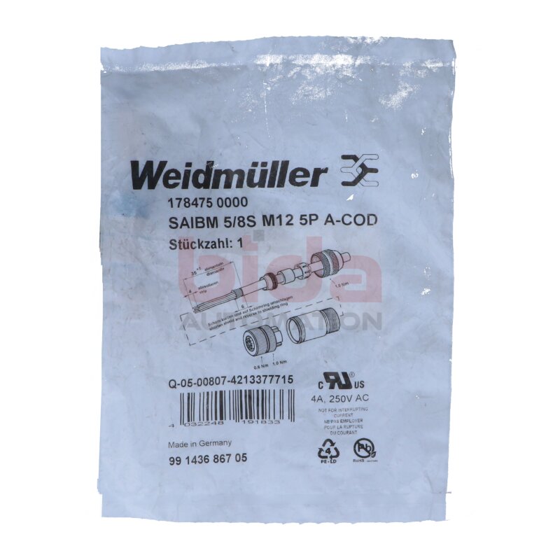 Weidm&uuml;ller SAIBM 5/8S M12 5P A-COD (1784750000) Rundsteckverbinder Circular connector