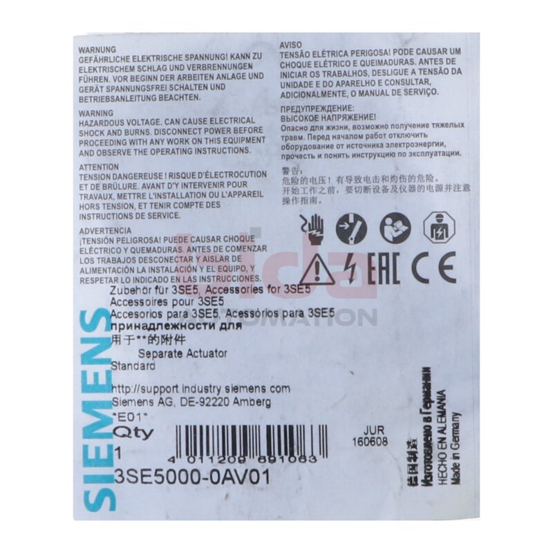 Siemens 3SE5000-0AV01 / 3SE5 000-0AV01 Getrennter Standard-Bet&auml;tiger / Separate standard actuator