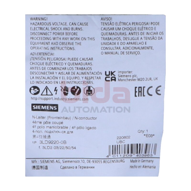 Siemens 3LD9220-0B / 3LD9 220-0B Neutralleiter, voreilend schaltend f&uuml;r Frontbefestigung / Neutral conductor, leading switching for front mounting   32A