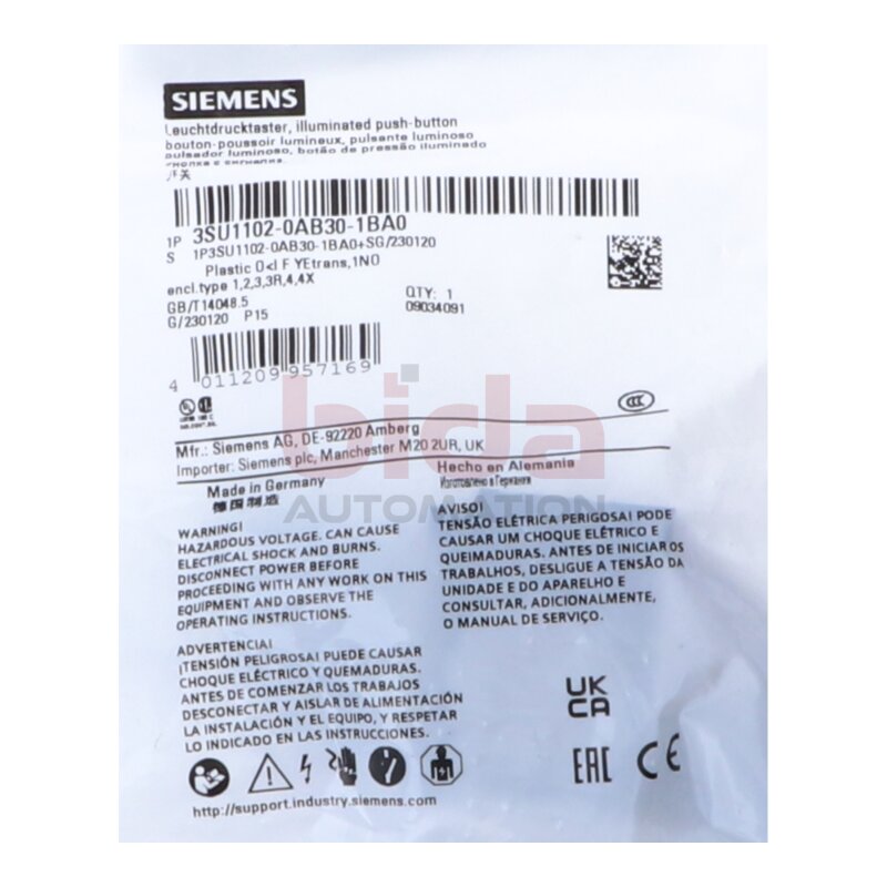 Siemens 3SU1102-0AB30-1BA0 Leuchtdrucktaster Illuminated pushbutton
