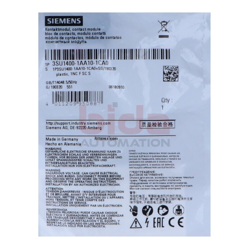 Siemens 3SU1400-1AA10-1CA0 / 3SU1 400-1AA10-1CA0 Kontaktmodul mit 1 Schaltglied / Contact module with 1 switching element