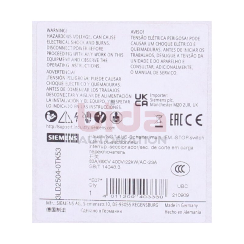 Siemens 3LD2504-0TK53 / 3LD2 504-0TK53 SENTRON, Lasttrennschalter 3LD, Not-Aus-Schalter / SENTRON, switch-disconnector 3LD, emergency stop switch