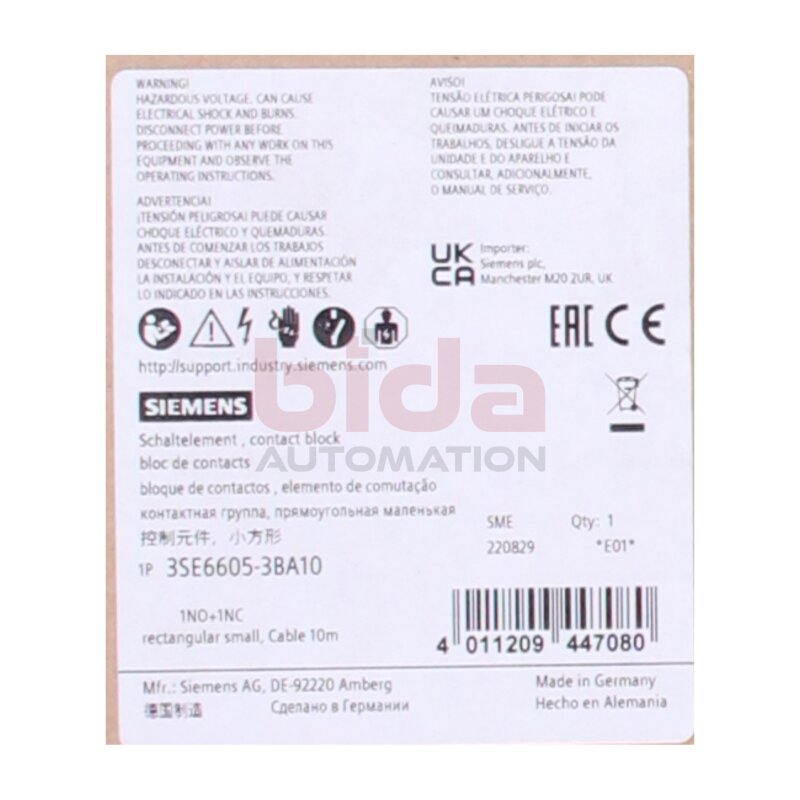 Siemens 3SE6605-3BA10 Schaltelement rechteckig klein 25 x 33 mm 1S+1&Ouml; Switching element rectangular small