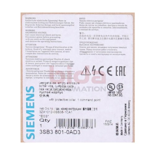 Siemens 3SB3 801-0AD3 Geh&auml;use f&uuml;r Befehlsger&auml;te Enclosure for control devices