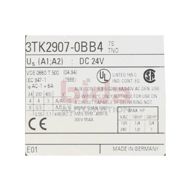 Siemens 3TK2907-0BB4 Zusatzbaustein f&uuml;r Schuetzsicherheitskombination Additional  Module for Protection Safety Combination 24V 6A