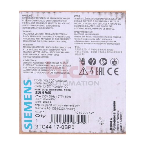 Siemens 3TC44 17-0BP0 / 3TC4417-0BP0 DC-Sch&uuml;tz DC Contactor