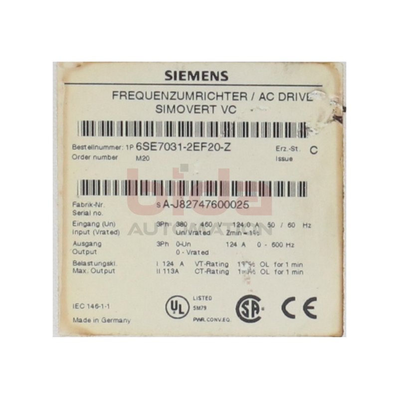 Siemens 6SE7031-2EF20-Z  Frequenzumrichter Frequency Converter 380-460V 124A