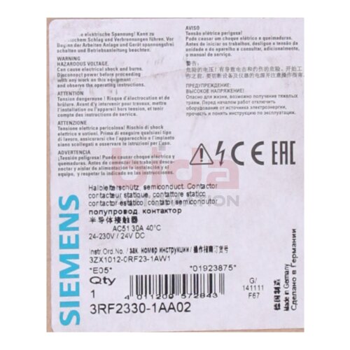 Siemens 3RF2330-1AA02 / 3RF2 330-1AA02 Halbleitersch&uuml;tz / Semiconductor contactor 1-phasig 3RF2 AC 51 / 30 A / 40 &deg;C 24-230 V / DC 24 V Schraubanschluss