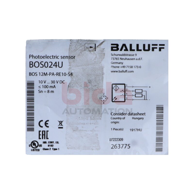 BALLUFF 12M-PA-RE10-S4 (BOS024U) Fotoelektrischer Sensor Photoelectric sensor