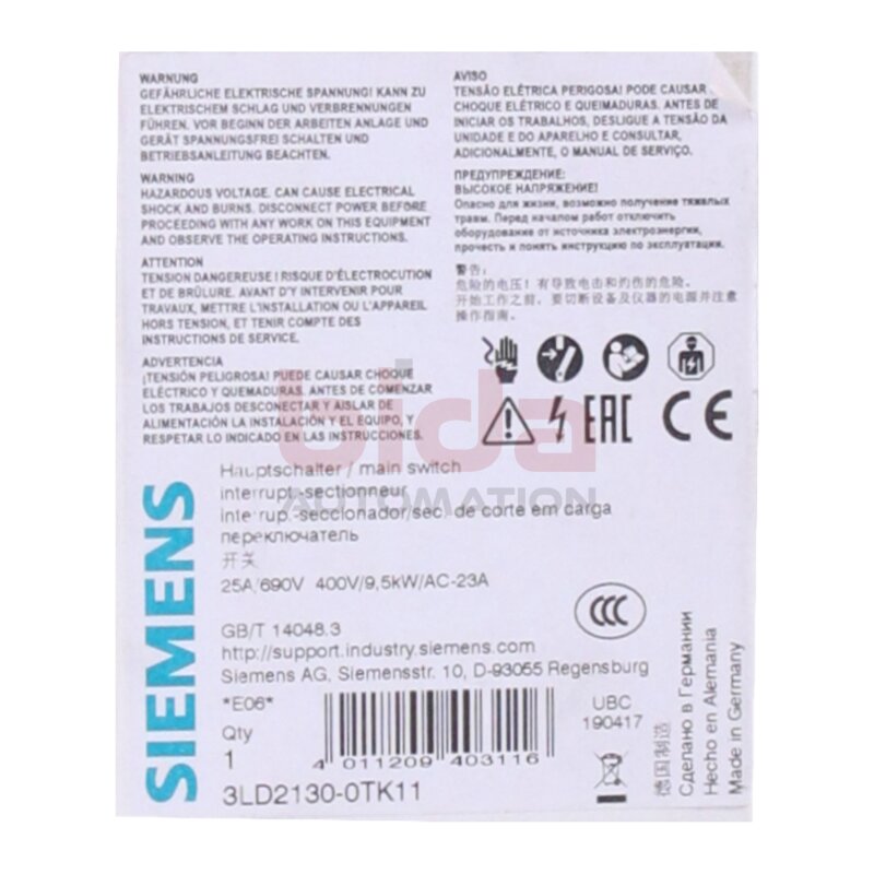 Siemens 3LD2130-0TK11 / 3LD2 130-0TK11 SENTRON, Lasttrennschalter / Switch-disconnector 3LD