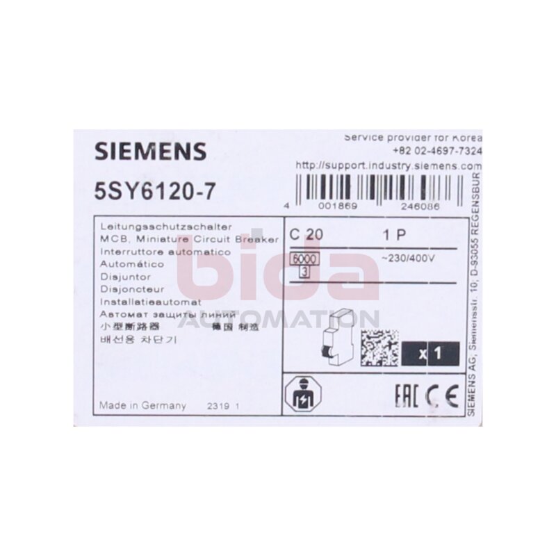 Siemens 5SY6120-7 / 5SY6 120-7 Leitungsschutzschalter 230/400V 6kA Circuit breaker