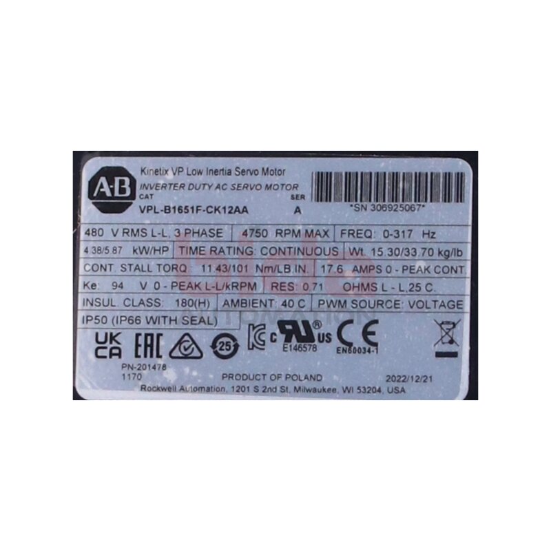 Allen-Bradley VPL-B1651F-CK12AA Servo Motor