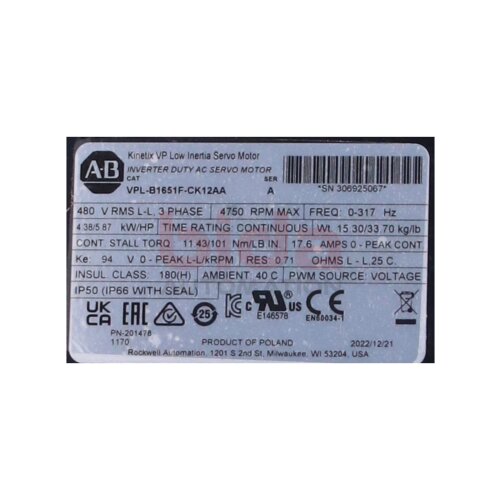 Allen-Bradley VPL-B1651F-CK12AA Servo Motor
