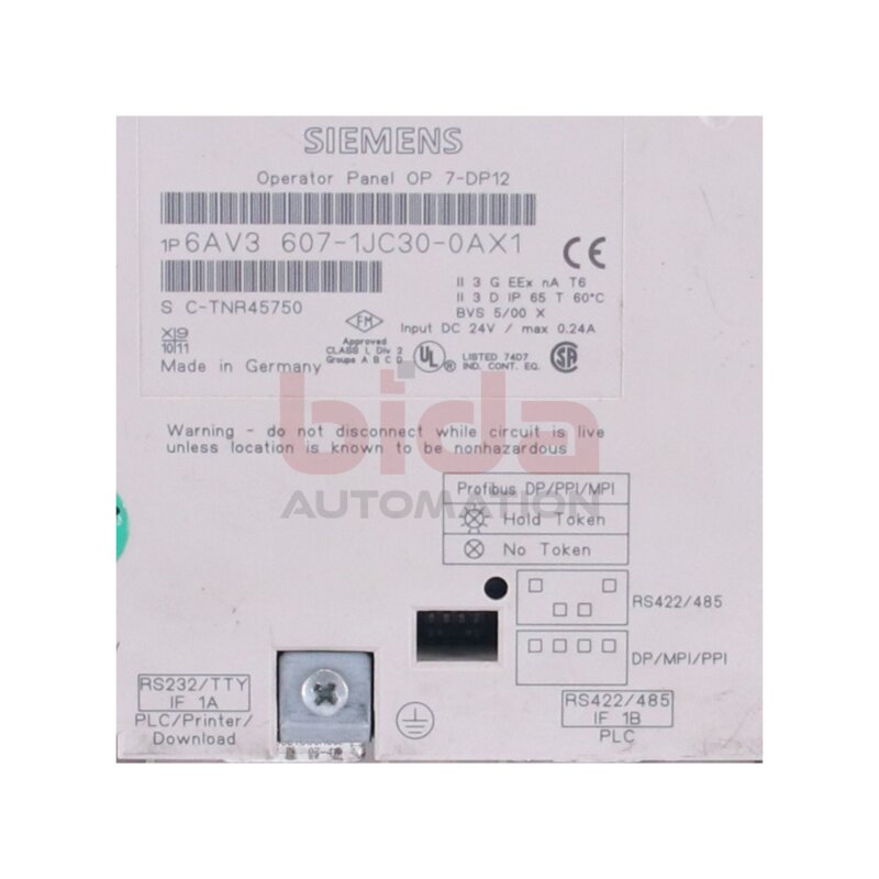 Siemens 6AV3 607-1JC30-0AX1 Bedientafel OP7/DP12 Operator panel