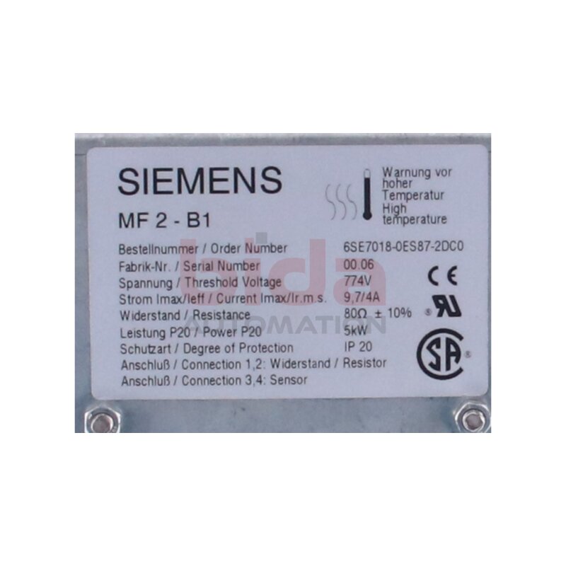Siemens 6SE7018-0ES87-2DC0 / 6SE7 018-0ES87-2DC0  SINAMICS/SIMOVERT braking resistor  / Bremswiderstand DC 510-620V 5kW, 80 Ohm