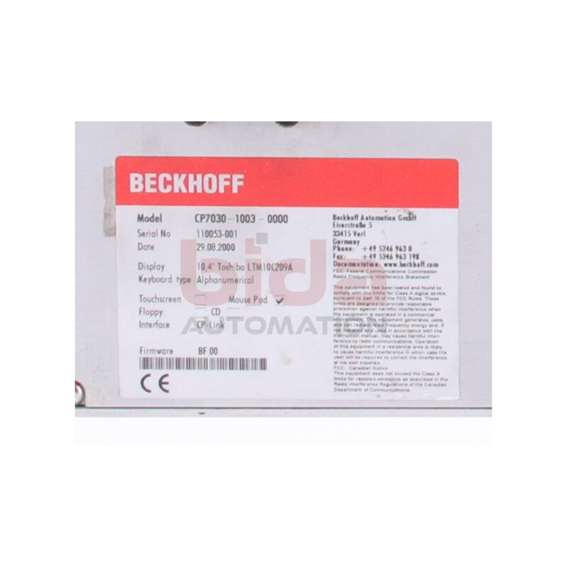 BECKHOFF CP7030-1003-0000 Bedienfeld Control panel