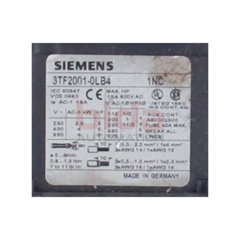 Siemens 3TF 2001-0BB4 /  3TF2001-0BB4 Sch&uuml;tz Contactor