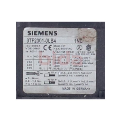 Siemens 3TF 2001-0BB4 /  3TF2001-0BB4 Sch&uuml;tz Contactor