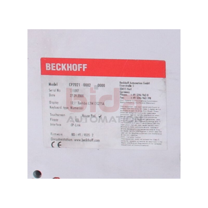 BECKHOFF CP7021-0002-0000 Bedienfeld Control panel