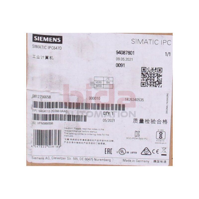 Siemens 6AG4112-2GS60-0AA0 SIMATIC IPC647D RACK PC