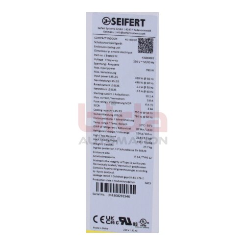 SEIFERT 43080081 COMPACT INDOOR Schaltschrank-K&uuml;hlger&auml;t Enclosure cooling unit
