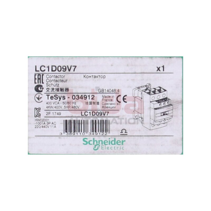 Schneider Electric LC1D09V7 Leistungssch&uuml;tz / Power contactor LC1D 3p, +1S+1&Ouml;, 4 kW, 9 A, 400 V AC3, Spule 400 V AC