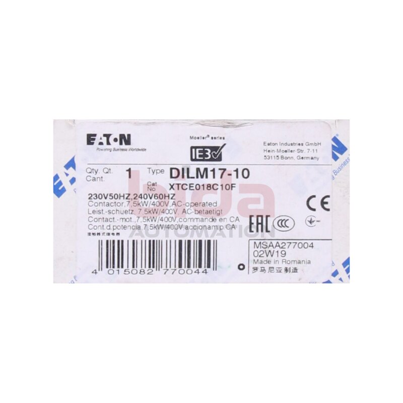 EATON DILM17-10 (XTCE018C10) Leistungssch&uuml;tz / power contactor