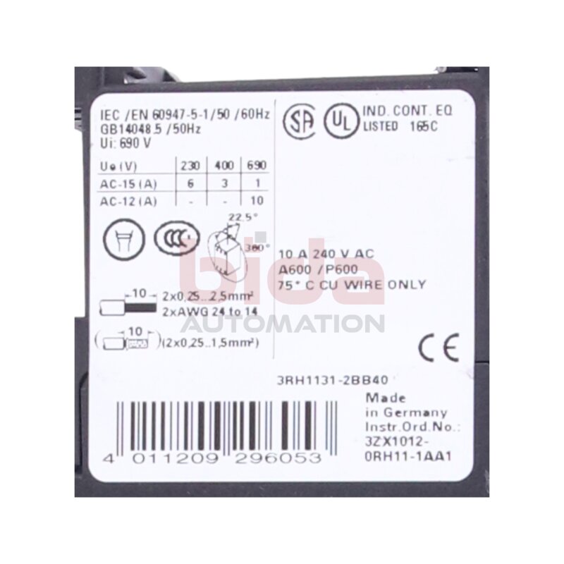 Siemens 3RH1131-2BB40 Hilfssch&uuml;tz Auxiliary contactor