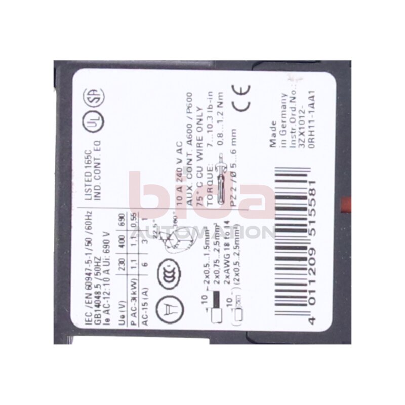 Siemens 3RH1244-1BB40 / 3RH1 244-1BB40 Hilfssch&uuml;tz Auxiliary contactor