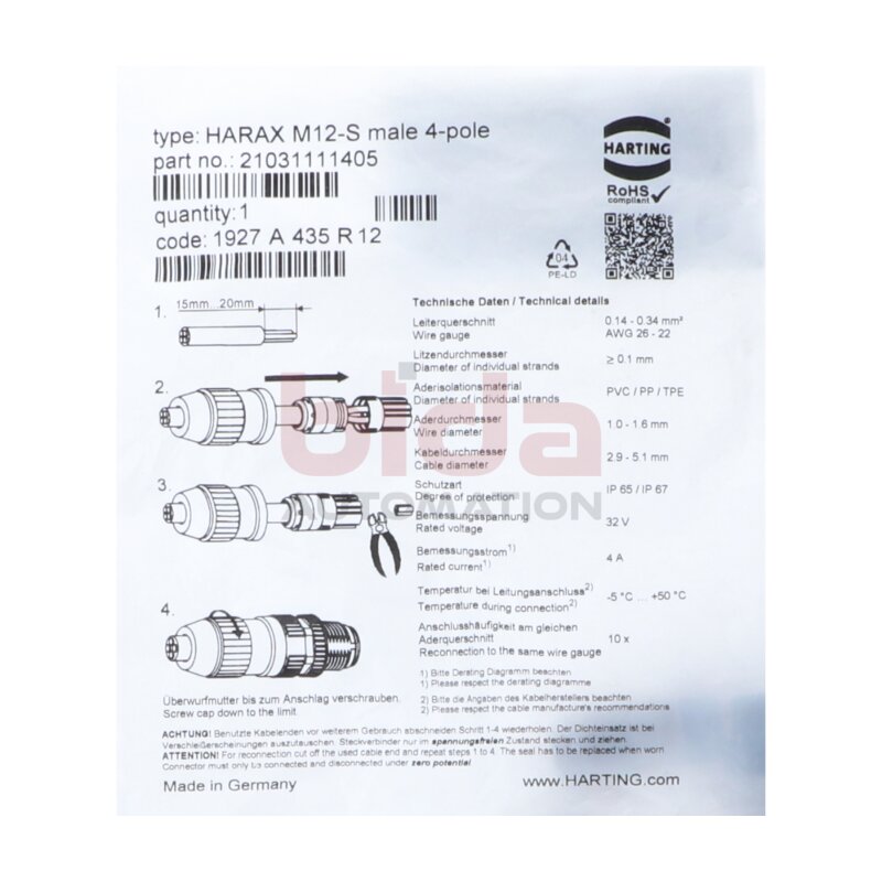HARTING 21031111405 M12-S Steckverbinder Plug connector