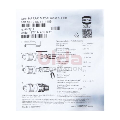 HARTING 21031111405 M12-S Steckverbinder Plug connector