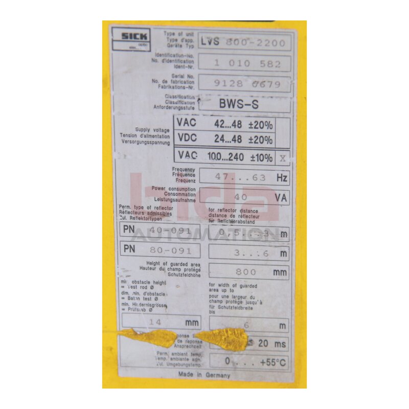 Sick LVS 800-2200 (1 010 582)  Lichtvorhang / Light curtain 42...48V