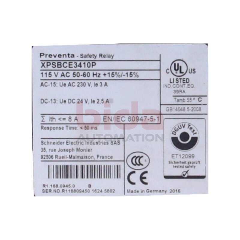 Schneider XPS BCE 3410P Sicherheitsrelais / Safety relay 115V AC / 50-60 Hz