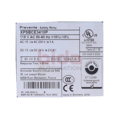 Schneider XPS BCE 3410P Sicherheitsrelais / Safety relay 115V AC / 50-60 Hz