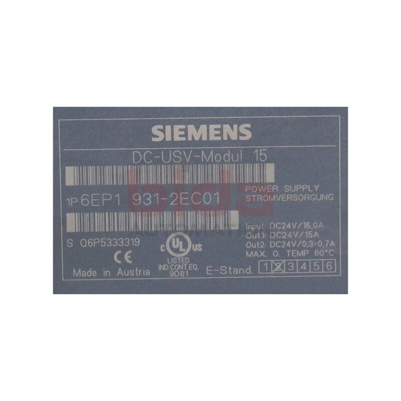 Siemens 6EP1931-2EC31 SITOP DC-USV-Modul 15 Unterbrechungsfreie Stromversorgung mit serieller Schnittstelle Uninterruptible power supply with serial interface