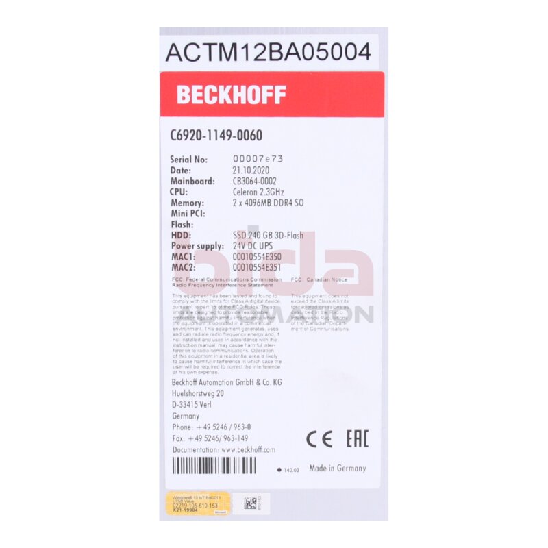 BECKHOFF C6920-1149-0060 Schaltschrank -Industie PC / Control cabinet - industrial PC 24V DC
