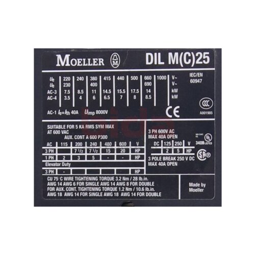 Moeller DIL M 25-10 Leistungssch&uuml;tz, 3‑polig / Power contactor