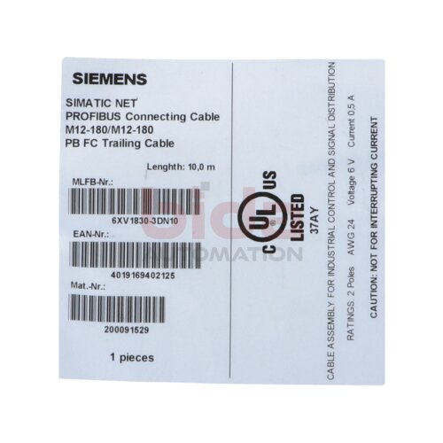 Siemens 6XV1830-3DN10 / 6XV1 830-3DN10 PROFIBUS M12 Steckleitung (ET 200) Connecting Cable