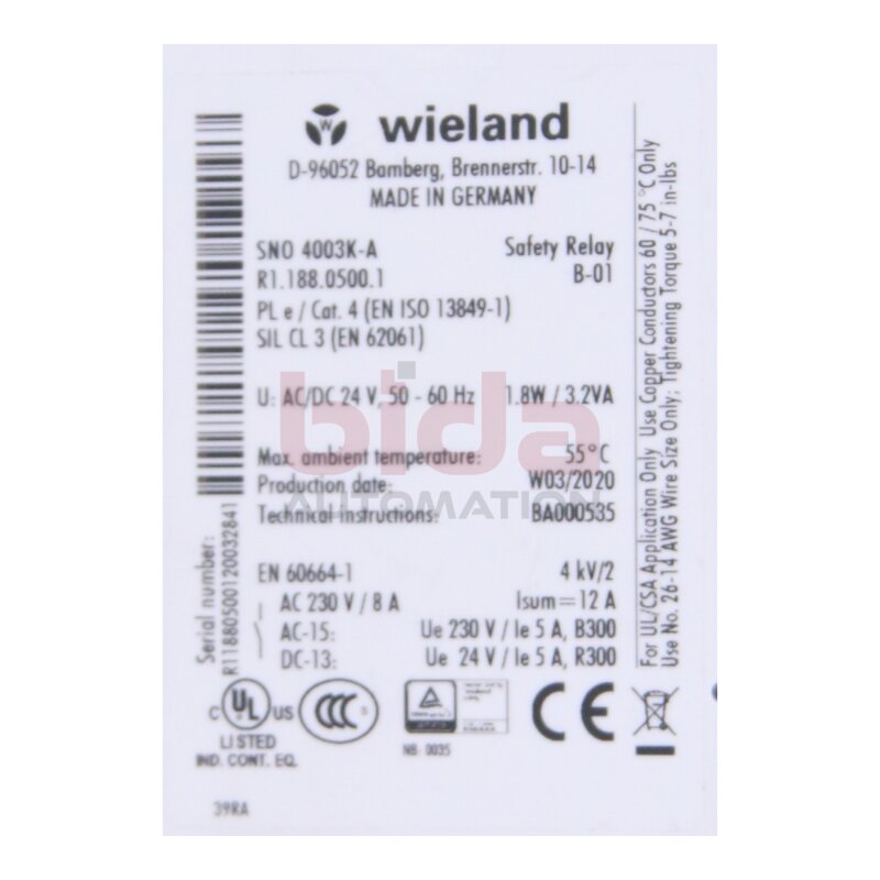 wieland SNO 4003K-A  (R1.188.0500.1) Sicherheitsrelais Safety Relay