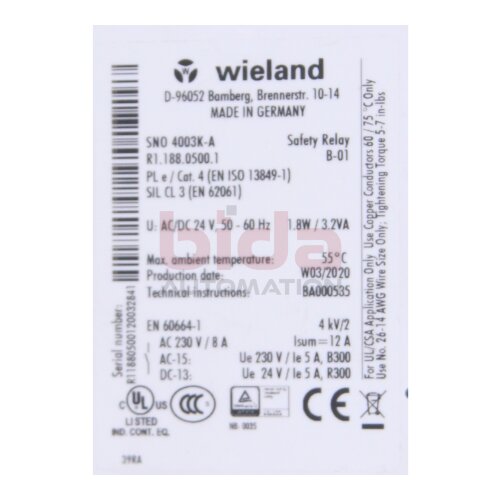 wieland SNO 4003K-A  (R1.188.0500.1) Sicherheitsrelais Safety Relay