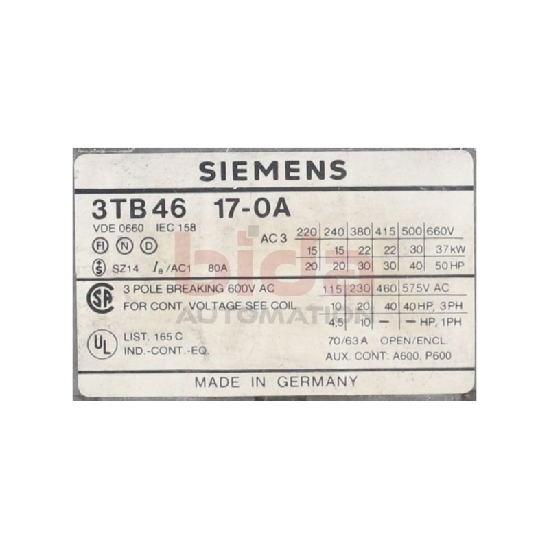 Siemens 3TB46 17-0A  Sch&uuml;tz Contector 80A  220-660V
