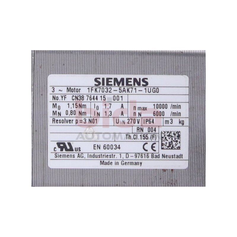 Siemens 1FK7032-5AK71-1UG0 / 1FK7 032-5AK71-1UG0 SIMOTICS S Synchron-Servomotor Synchronous servo motor