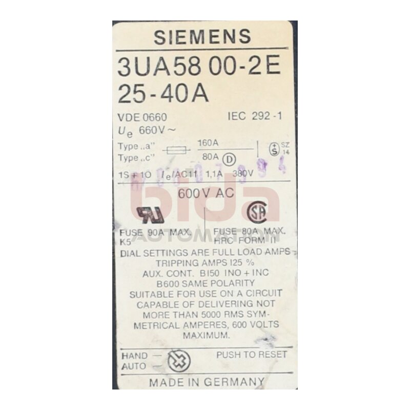 Siemens 3UA5800-2E / 3UA58 00-2E &Uuml;berlastrelais Overload Relay  25-40A 660V