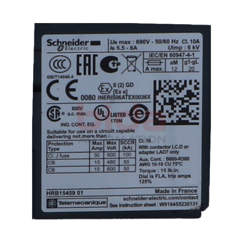 Schneider LRD 12 Motorschutzrelais / Motor protection relay, 5,5-8A, 1S+1&Ouml;, Klasse 10A